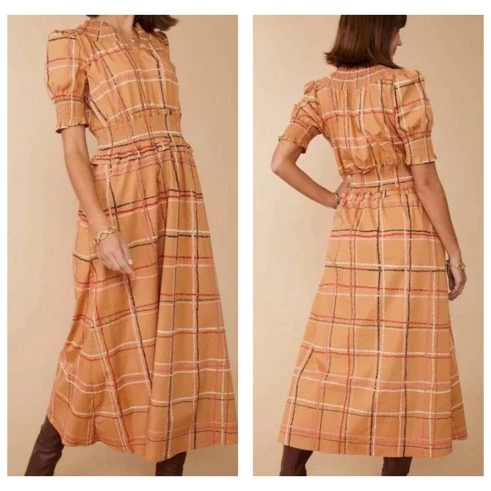 Spartina 449 Adelaide Midi Dress XXS Tan Botanical Garden Plaid Smocked NWT $228
